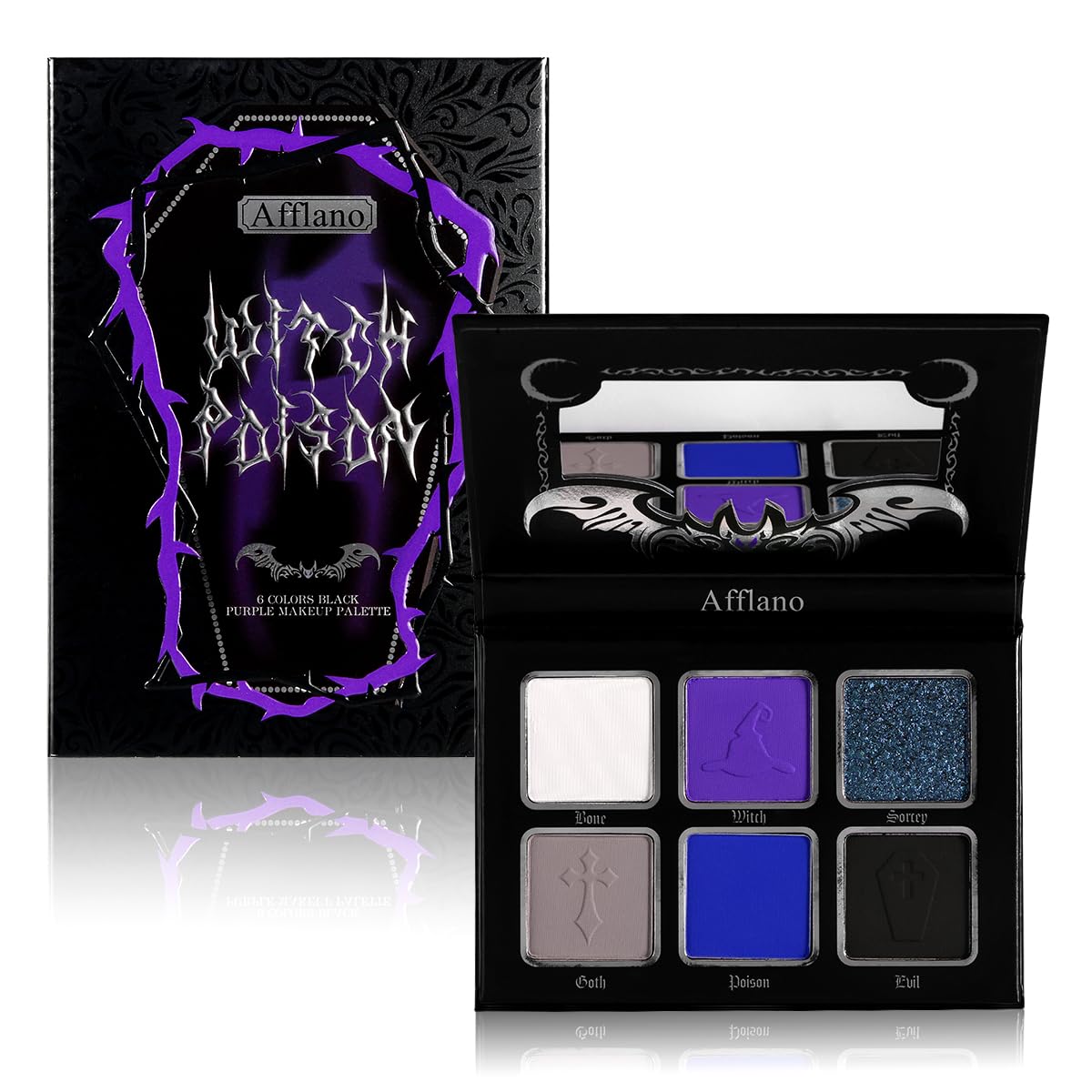 Afflano Goth Eyeshadow Palette Purple Blue, Multichrome Chrome Blue Purple Matte Black White Grey Dark Eye Shade, Gothic Halloween Makeup Eye Shadow Pallet for Costume Joker Clown Cosplay SFX Makeup