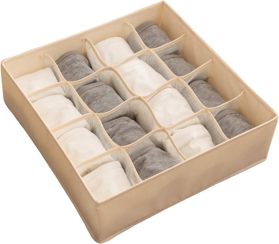 ALYER Collapsible Fabric Drawer Organizer Divider,Closet Storage Box Bins Containers for Panties,Underwear, Ties,Bras, Socks, Lingerie (Beige-16 Cells)