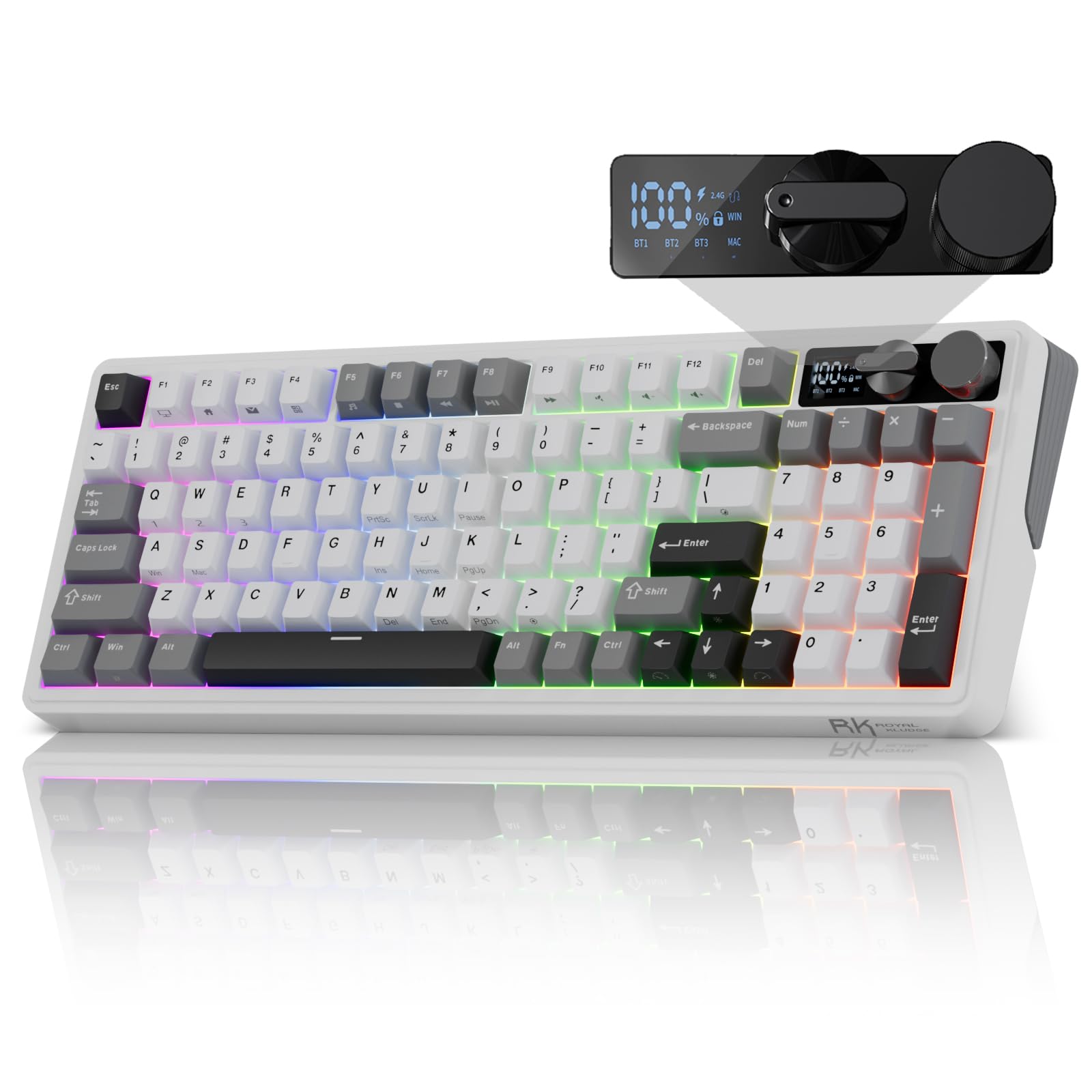 RK ROYAL KLUDGE M100 Wireless Mechanical Keyboard w/Screen & Dual Knobs, Tri-Mode Gasket Mount Gaming Keyboard with Number Pad, Hot Swappable Cream Switch, White