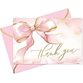 Whaline 24 Pack Pink Bow Thank You Cards Gold Foil Bowknot Note Cards with Envelopes Stickers Greeting Blank Card for Wedding Birthday