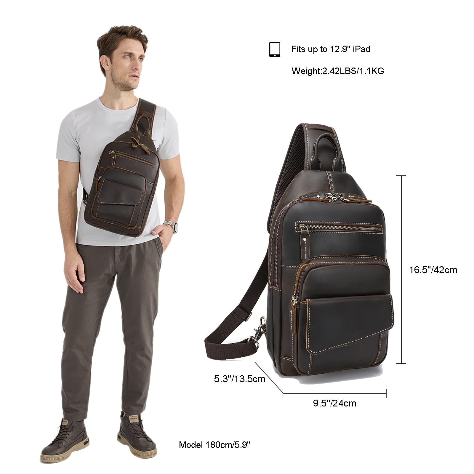 LANNSYNE Full Grain Leather Casual Sling Bag For Men Hiking/Travel/Business Crossbody Chest Bag Fits 12.9