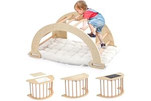 JOYMOR 5-in-1 Pikler Triangle Climber Arch Rocker with Cushion Sensory Table Set for Kids, Montessori Wooden Climbing Toys for Toddlers Inside with Collapsible Storage Basin & Blackboard