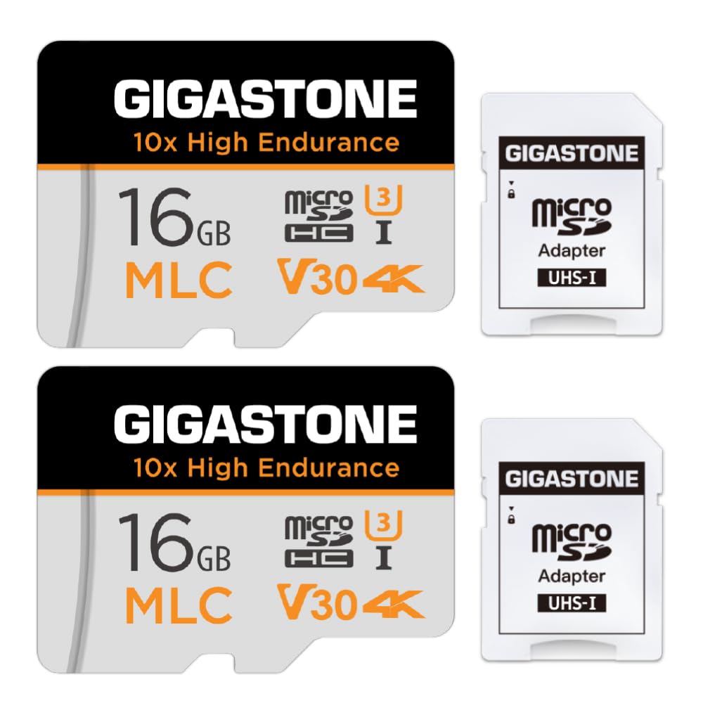 [10x High Endurance] GIGASTONE Industrial 16GB 2-Pack MLC Micro SD Card, 4K Video Recording, Security Cam, Dash Cam, Surveillance Compatible 95MB/s, U3 C10, with Adapter [5-Yrs Free Data Recovery]