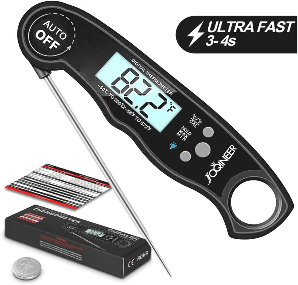 JOQINEER Digital Meat Thermometer Instant Read (2-4s) for Grilling Cooking Food BBQ or Candy,Waterproof for Kitchen,Oven,Grill,Water,Beer,Milk, Bath Water Probe,Steak (Black)