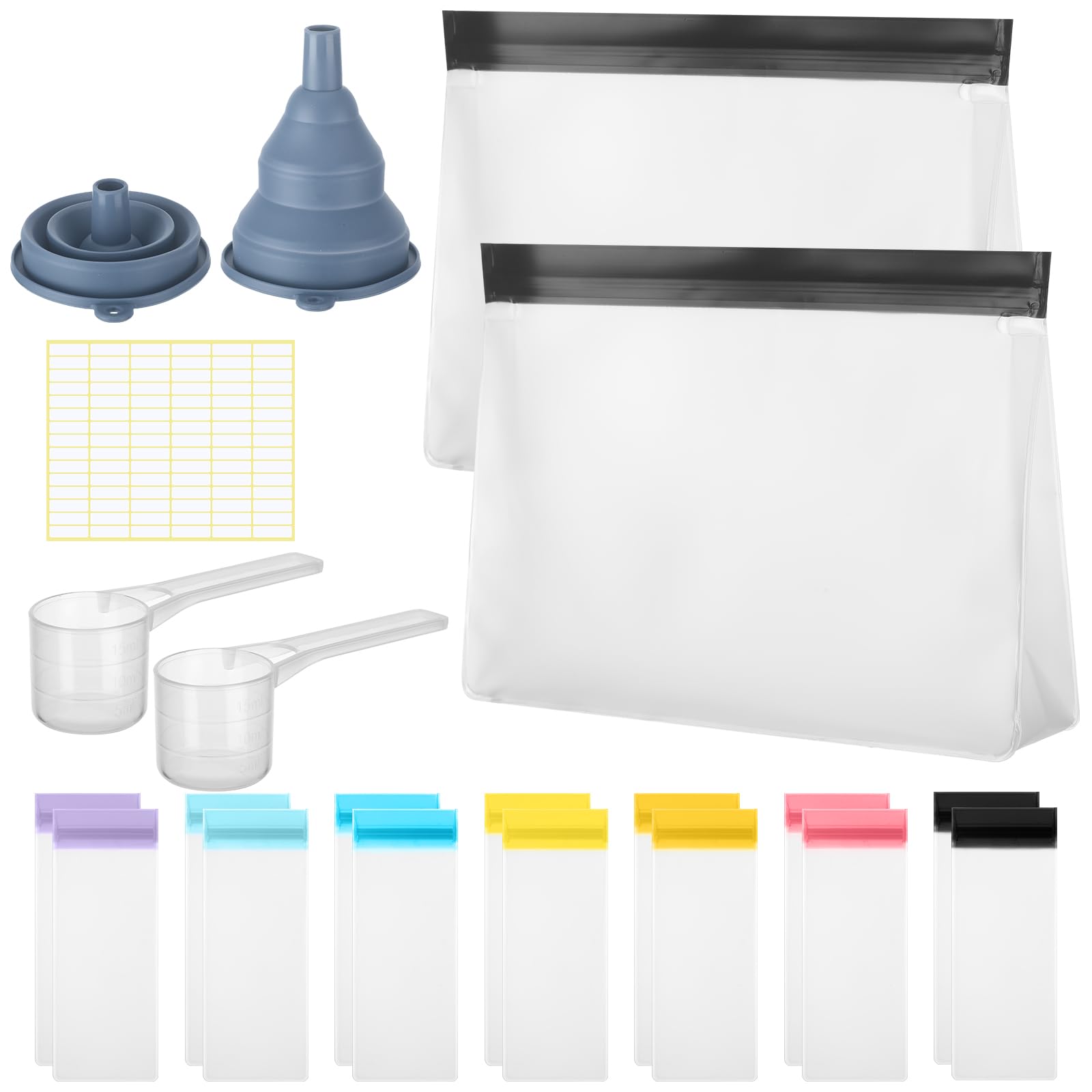 Photo 1 of Cosblank 21 Pcs Protein Powder Travel Container Set Single Dose Reusable Powder Supplement Packets Portable Travel Organizer Zip up Bags with Funnels, Spoons and Labels