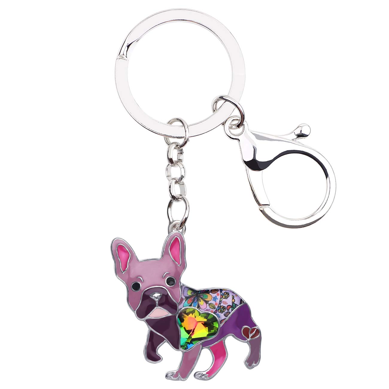 BONSNY Enamel Metal Heart Rhinestone French Bulldog Key Chains For Women Kids Car Purse bag Rings Charms Pets Gift (Purple)