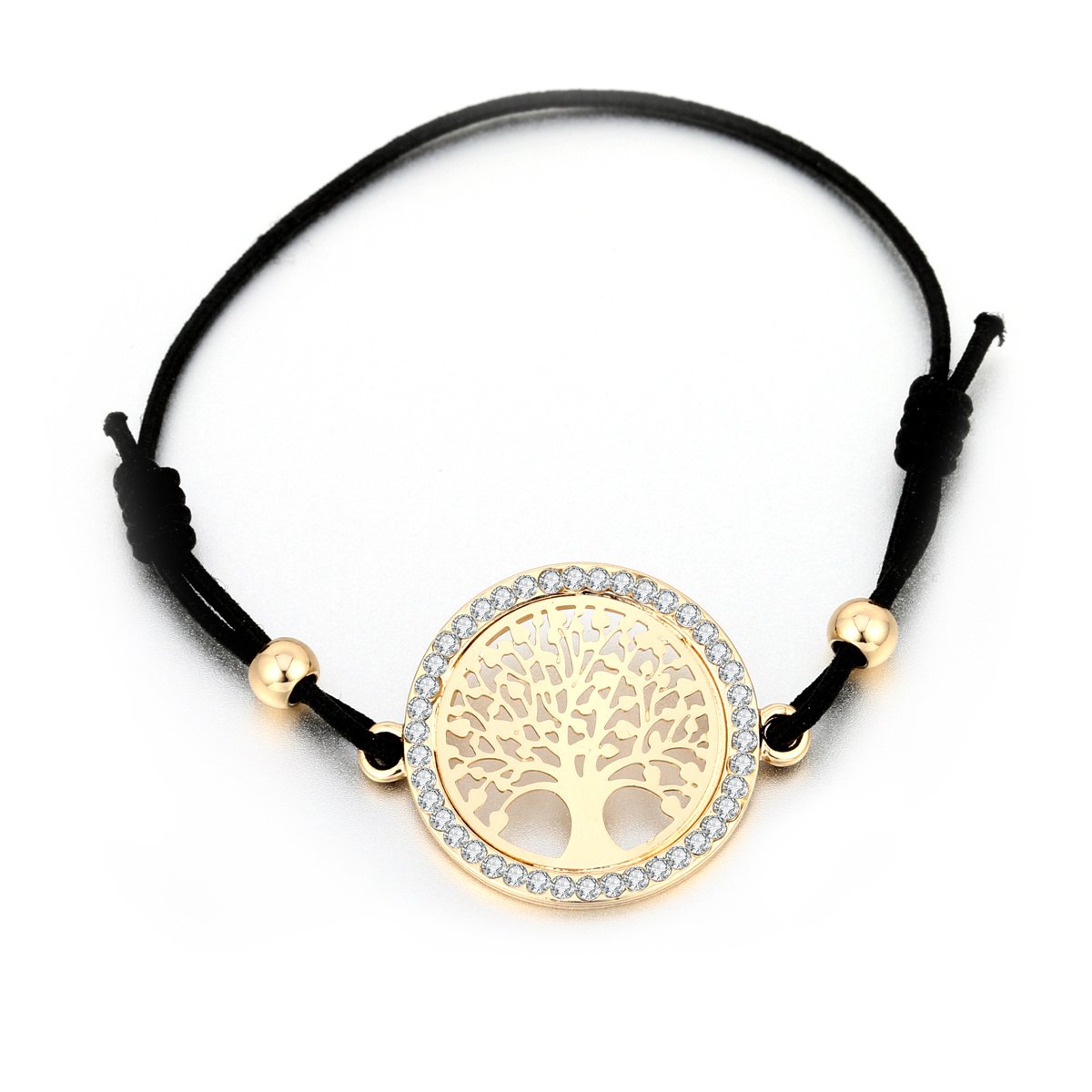 PengJin Tree of Life Bracelet Stretch Cuff Bangle Bracelet Black Adjustable Wax Cord Bracelet with CZ Crystal for Women Girls (Gold Plated)