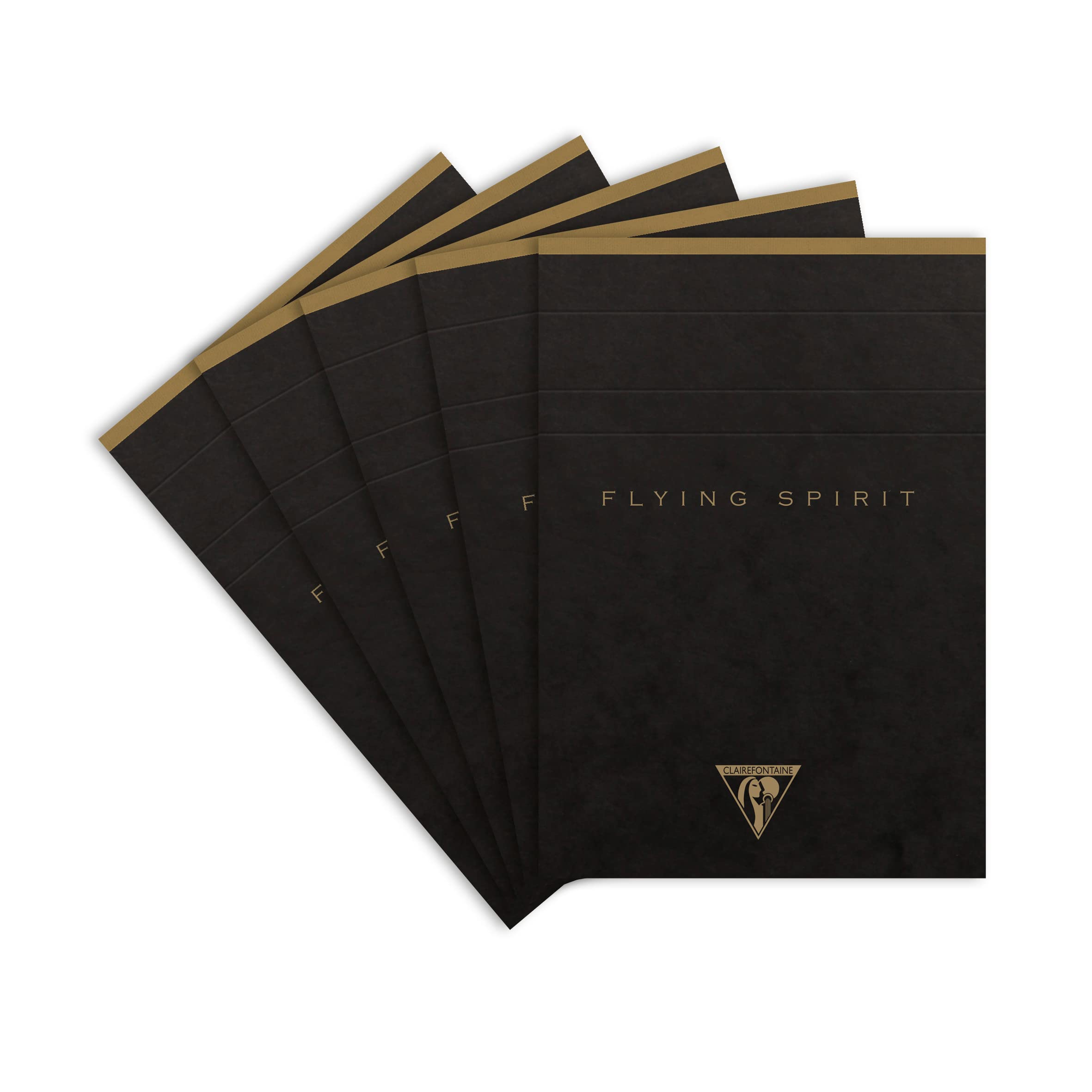 Clairefontaine 102646C - A pack of 5 glued Flying Spirit Kraft letterhead pads 140 detachable ivory pages 10.5x14.8 cm 90g lined, black glossy card cover ass pattern