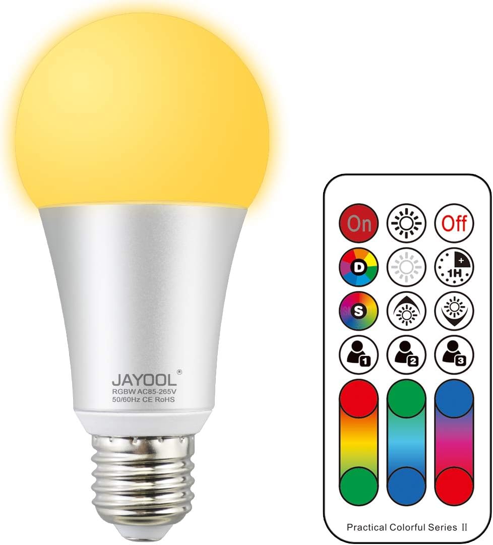 Jayool 10W E27 LED Colour Changing Light Bulb, Edison Screw Dimmable Coloured Bulbs with Remote Control, 120 RGB Colours+ Warm White, Timing and Dual Memory (1 Pack) [Energy Class A+]