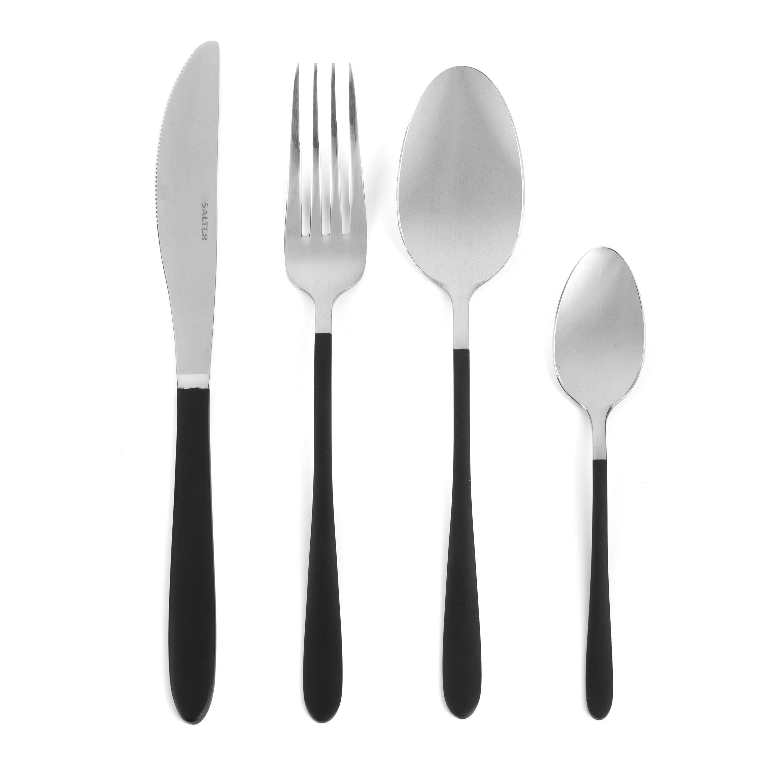 Salter BW07217 16-Piece Cutlery Set- Full Flatware Set for Four, Tableware Set Including Forks, Knives, Spoons and Teaspoons, Black Coated Handles, Mirror Finish, Stainless Steel, Noir Silver