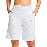 SANTINY Bermuda Shorts for Women Knee Length 9" High Waisted Pleated Casual Long Shorts with Pockets Walking Workout Athletic