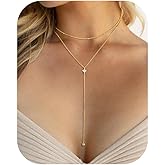 Ursteel Dainty Lariat Necklace for Women, Valentines Gifts 14K Gold Plated Y-Shaped Long Necklace Layered Drop Necklaces Pearl Cross Clover Cubic Zirconia Charm Necklaces Jewelry Gifts for Women