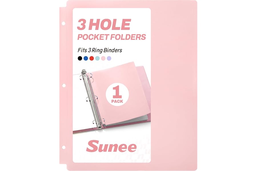 SUNEE 3 Hole Pocket Folders (1 Pack, Pink), Plastic Pocket Folders for 3 Ring Binder, 3-Hole Punched Folder with Pockets, for Kids, Students, Teachers, Office Staff