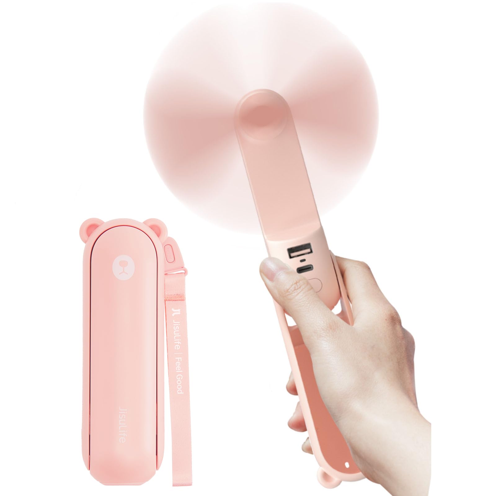 Photo 1 of JISULIFE Handheld Fan with 4500 mAh Powerbank Max 37 Hours Runtime, Pocket Portable Battery Operated or USB Powered Folding Personal Fan, 3 Speeds, Gifts for Women Men Kids Gift for Festival-Pink