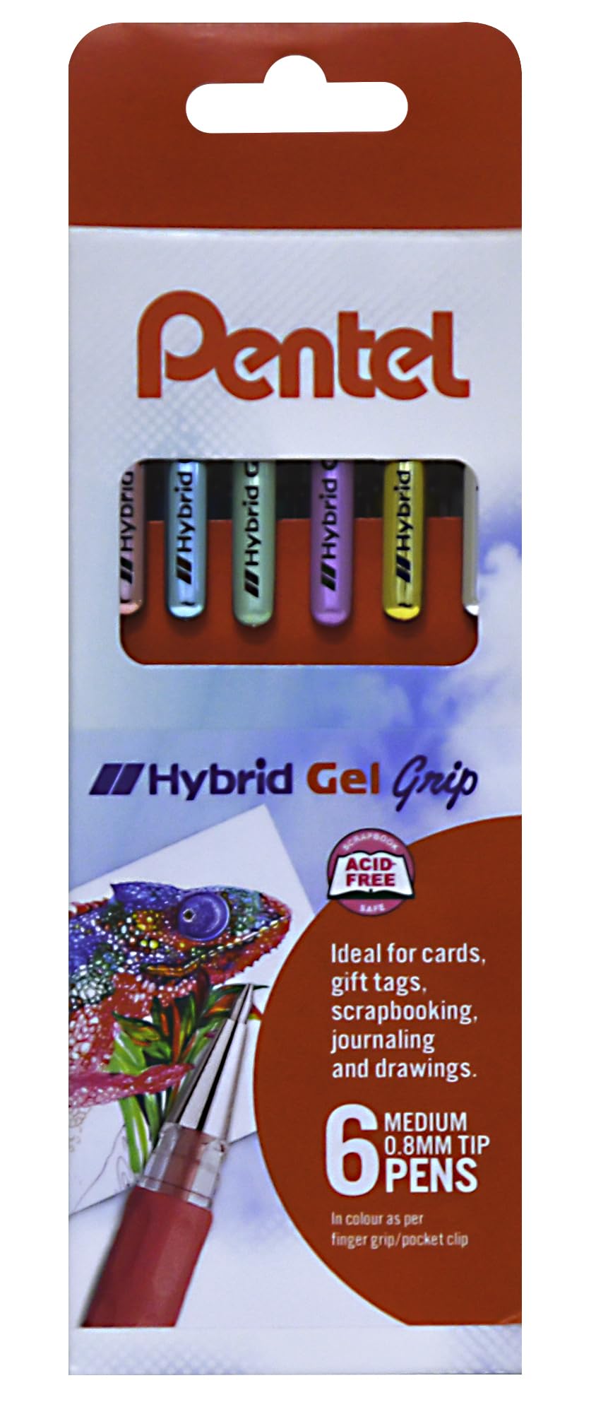 Pentel Hybrid Gel Grip Rollerball Pen 0.6mm Tip 0.3mm Line Black pkg of 6 Assorted Metallics, K118M/6W12