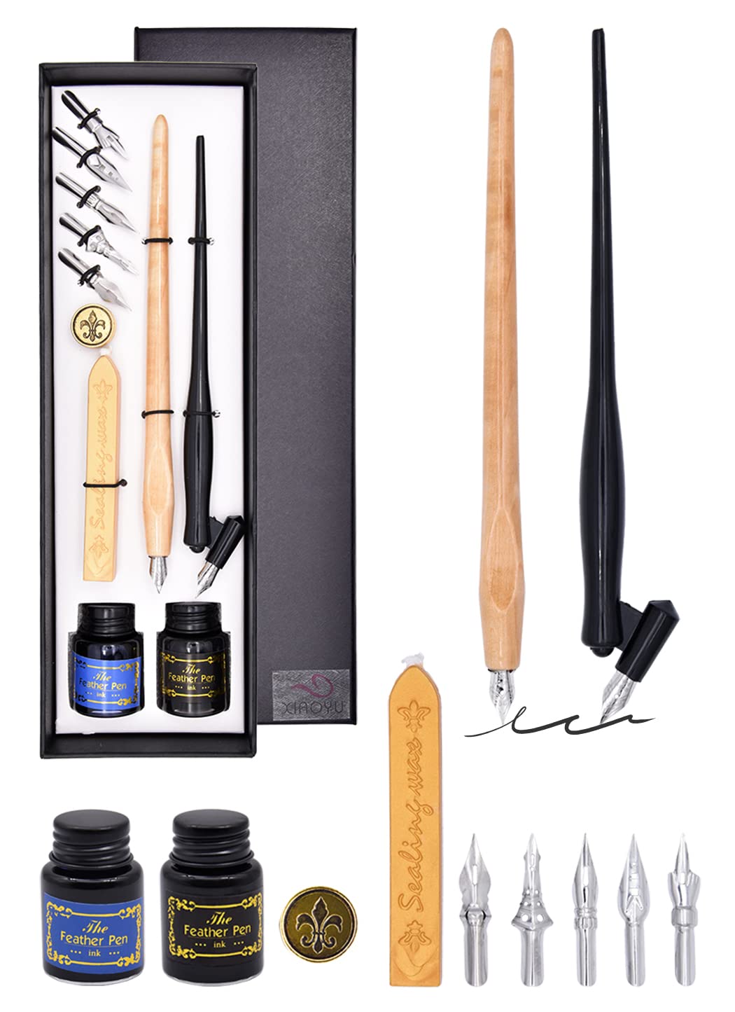 XIAOYU Vintage Woooden Dip Pen, Fountain Dip Pen, English Calligraphy Pen Set with Ink for Beginners, Wood