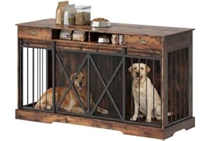 Garvee Dog Crate Furniture, 63" Large Heavy Duty Indoor Dog Kennel for 2 Dogs with Removable Divider and Drawers, Wooden Doub