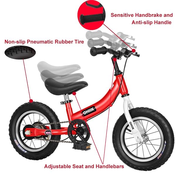 OHIIK BALANCE BIKE 2 IN 1 FOR KIDS 2 3 4 5 6 7 YEARS OLD,BALANCE TO PEDALS BIKE,12 14 16 INCH KIDS BIKE,WITH PEDAL KIT,TRAINING WHEELS,BRAKES (14 INCH, RED)