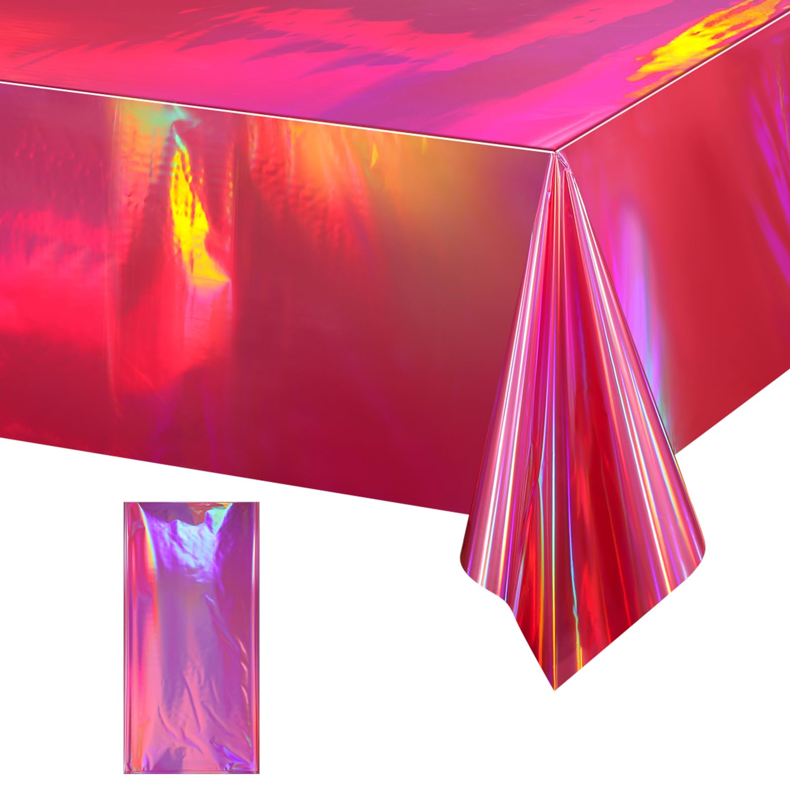 Photo 1 of 1 Pack Hot Pink Iridescence Plastic Tablecloths Shiny Disposable Laser Rectangle Table Covers Holographic Foil Tablecloth Iridescent Party Decorations Birthday Bridal Wedding Christmas, 54 x 108 Inch