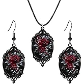 coadipress Gothic Rose Glass Necklace Earrings Set for Women Vintage Satan Demon Pendant Rose Flower Earrings Punk Style Victoria Emboss Necklaces Mystic Witch Halloween Jewelry