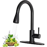 Black Kitchen Faucet, Single Handle Matte Black Kitchen Faucets with Pull Down Sprayer, Stainless Steel Suitable for 1 or 3 Hole Sinks for Farmhouse, RV, Laundry, Bar, HT-KYT010B-D, HT-KYT010B-D-new