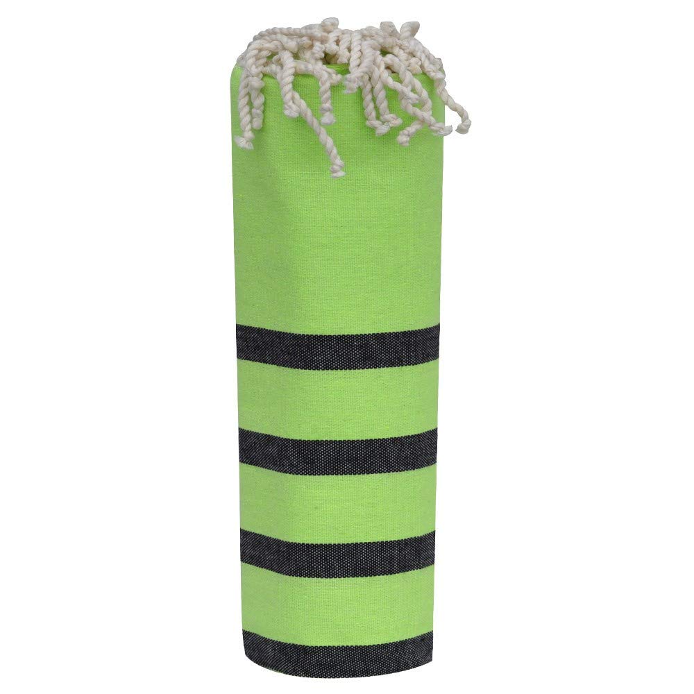 LES POULETTES BIJOUX - Towel Cotton Fouta Hammam or Beach Green Color Black Small Stripes 100 x 200cm