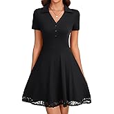 LYANER Women's Button V Neck Short Sleeve Lace Trimmed A Line Hem Casual Mini Dresses