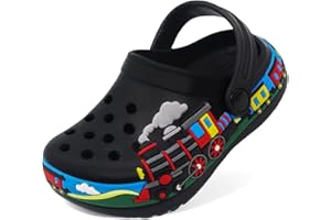 JEATHFEA Boys Girls Toddler Clogs Little Kids Slip on Slides Sandals Slippers Cute Cartoon Train Pattern Garden Clogs Summer Indoor Outdoor Beach Pool Water Shoes