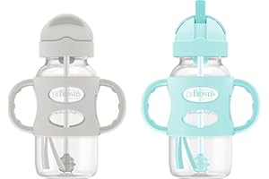 Dr. Brown's Milestones Wide-Neck Sippy Straw Bottle with 100% Silicone Handles and Weighted Straw, 9 oz/270 mL, Gray & Green, 6m+