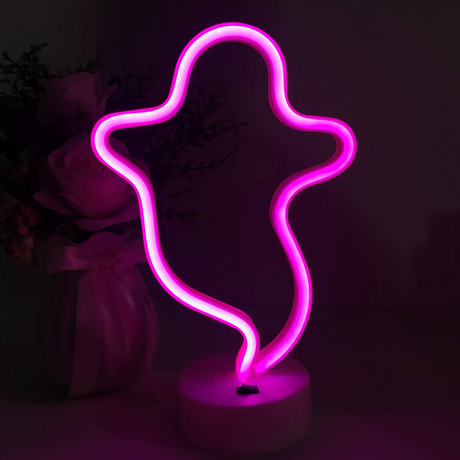 Ghost Shaped Halloween Decoration LED Neon Sign Light. Indoor Night Table Lamp with Battery or USB Powered for Party, Living Room, Family Room, Kids Room, Wedding, Home Decoration. (Pink Ghost)