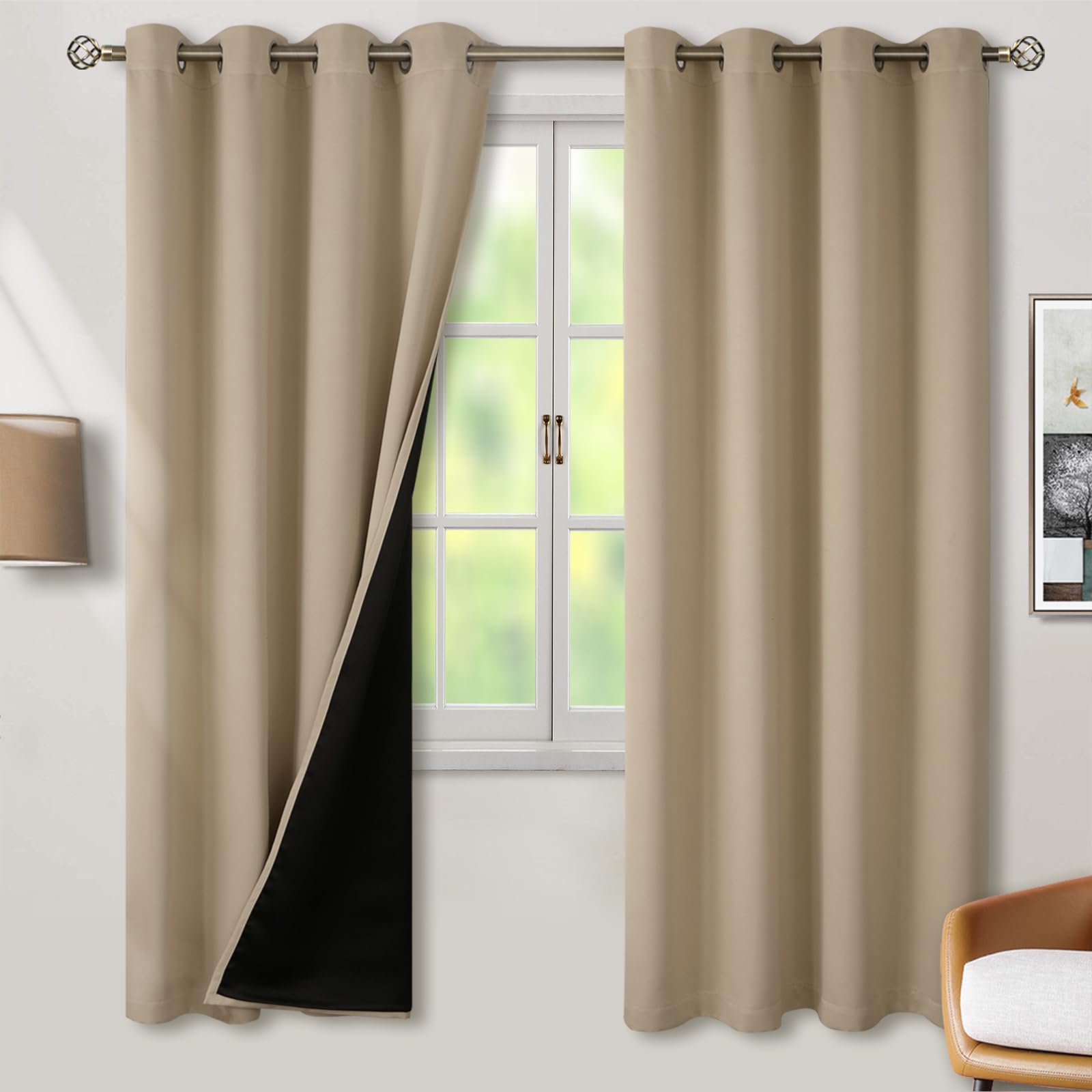 BGment Thermal Insulated 100% Blackout Curtains for Bedroom with Black Liner, Double Layer Full Room Darkening Noise Reducing Grommet Curtain (52 x 72 Inch, Sand, 2 Panels) Image