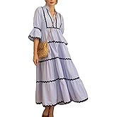 utcoco Women's Summer Beach Vacation Boho Striped RIC Rac Dress Flutter 3/4 Sleeve Tiered A Line Flowy Long Dress