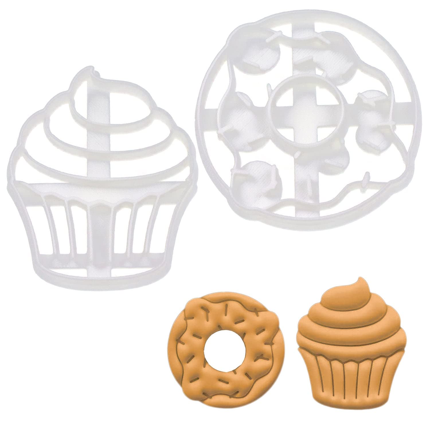 BAKERLOGY Set of 2 Pastry Cookie Cutters (Designs: Doughnut and Cupcake) - Detailed Biscuit Cutter Design for Baking and Crafts, Ideal on Fondant, Dough, Clay