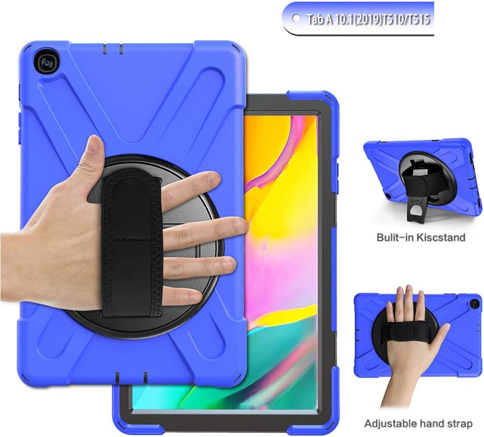 iChicTec Case for Samsung Galaxy Tab A 10.1 2019 SM-T515/T510 with Rotating Hand Strap Built-in Kickstand Heavy Duty 3 Layers Hybrid Rugged Shockproof Case Cover, Blue