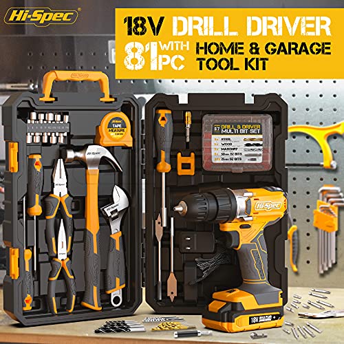 HiSpec 81Piece 18V Cordless Drill Driver and Home Tool Kit, Drill Set