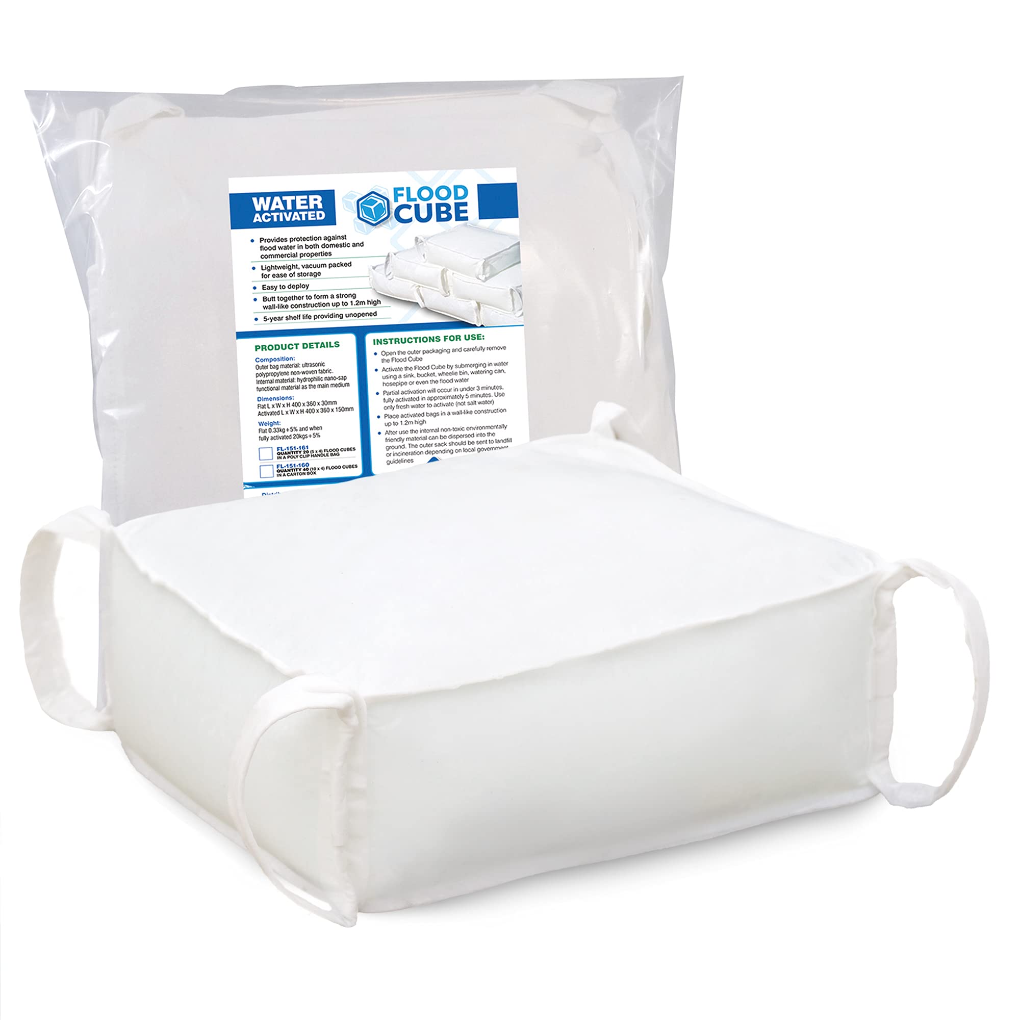 Flood Cube, Pack of 4 Water activated Flood Barriers To Divert The Flow Of Water, Ready In 5 Minutes, Easy To Use, Environmentally Friendly, Dimensions 400mm x 360mm x 150mm