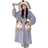 Brrioe Women's button bathrobe hoodie coat plush warm pajamas Long with cute Kawaii pattern pocket pajamas and trousers Sets