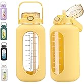 chunmo 74 oz Glass Water Bolttles with Straw Large Motivational Water Bottle with Time Marker Sports Water Bottles with Silicone Sleeve and Handle Lid 2.2L Water Jug for Gym Workout