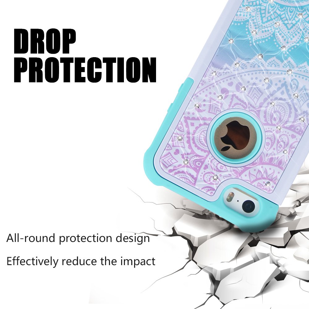 iPhone 5s Case, iPhone SE Case, UrSpeedtekLive [Shock Absorption] Dual Layer Hybrid Defender Protection Rhinestone Crystal Bling Cover Case for iPhone SE/5/5S - Mandala