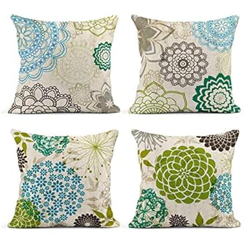 Tarolo Set of 4 Linen Throw Pillow Cover Case Sparklers Floral Patterns Decorative Pillow Cases Covers Home Decor Square 20 x 20 Inches Pillowcases