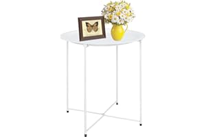 Garden 4 you End Table Metal Side Table White Round Folding Tray Cyan Sofa Small Accent Fold-able Table, Round End Table Tray, Next to Sofa Table, Snack Table for Living Room and Bed Room
