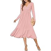AUSELILY Women's Fall Empire Waist Dress 2025 Smocked Flutter Long Sleeve V Neck Flowy Tiered Midi Long Dresses
