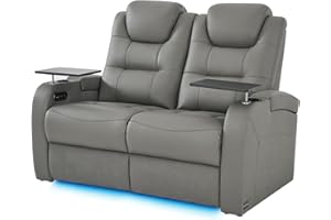 comfiroom Leather Home Theater Seating Seats, Simple Style Top Grain Leather Movie Theater Chairs Recliner Sofa with Tray Table Type-C USB Charger (Grey, Row of 2 Loveseat)