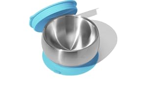 Avanchy Baby Bowls with Suction and Storage Lids Set. Babies Kids Toddler Boys Girl First Food Feeding. Fits Feeding High Chair Table. Stainless Steel, Blue