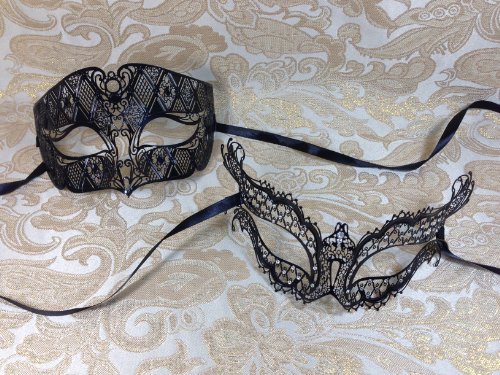 His & Hers Masquerade Couples Venetian Design Masks - 2 Piece Black Colored Set Metal Mask - Perfect Phantom Couple Mardi Gras Queen Party Halloween Ball Prom by Bk