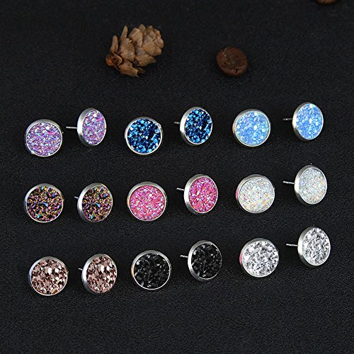 Dolovely Stainless Steel Druzy Stud Earrings Set for Girls Women Hypoallergenic Pierced Earrings 9 Pairs