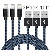 Akaho Lightning Cable 3Pcs 10FT Nylon Braided Lightning Cable Cord USB Charging Cable Charger for Apple iPhone 7/7 Plus/6/6s/6 Plus/6s Plus/5/5c/5s/SE,iPad iPod Nano iPod Touch(Black&Blue)