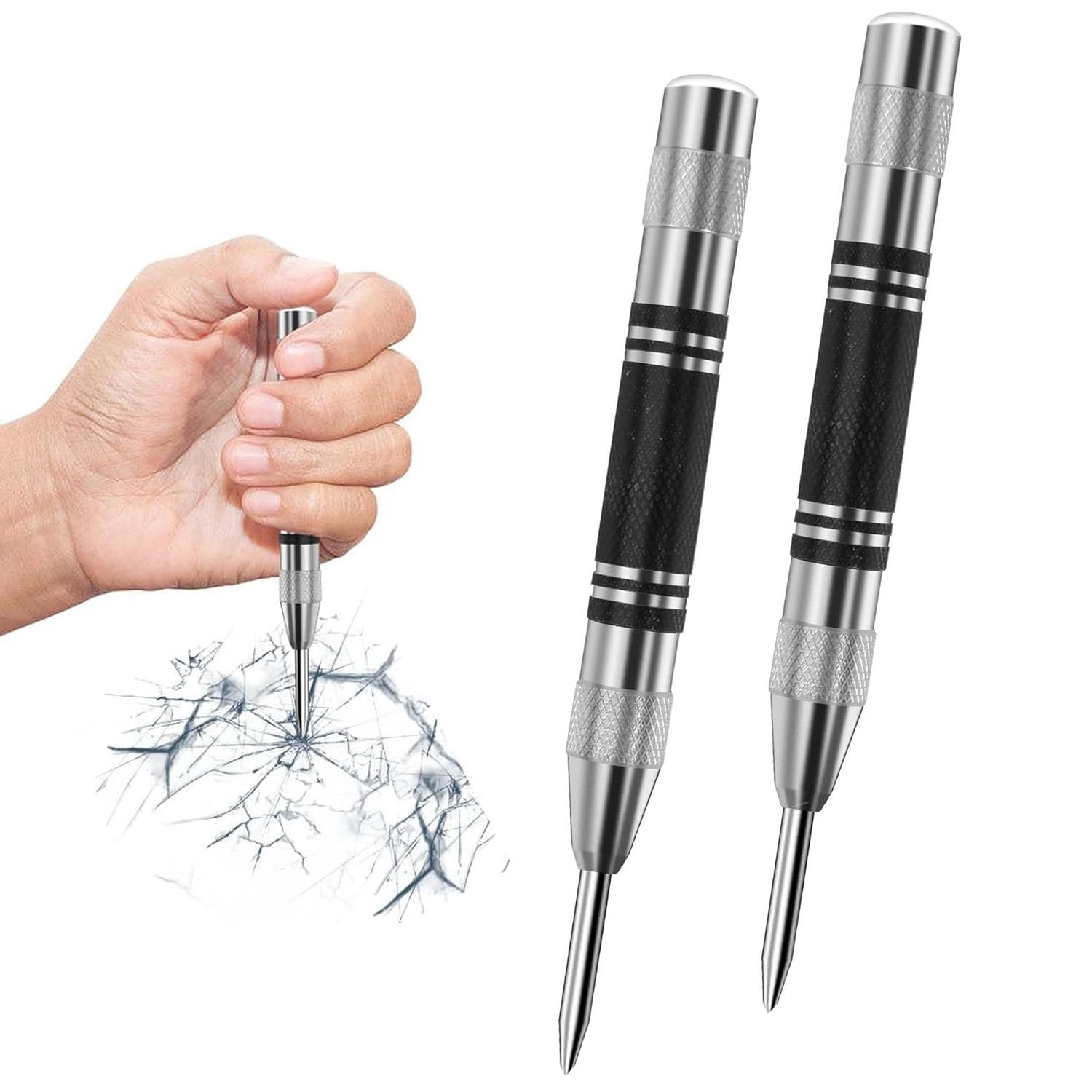 2-Pack Spring-Actuated Precision Punches - Heavy Duty Automatic Marking Tools for Metal/Glass/Woodworking, Industrial-Grade Center Punch Set with Adjustable Force