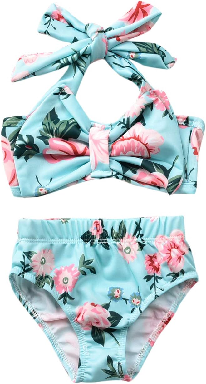 Baby Girl Two Piece Swimsuit, Toddler Girls Halter Bowknot Top Bikini Floral Bathing Suit