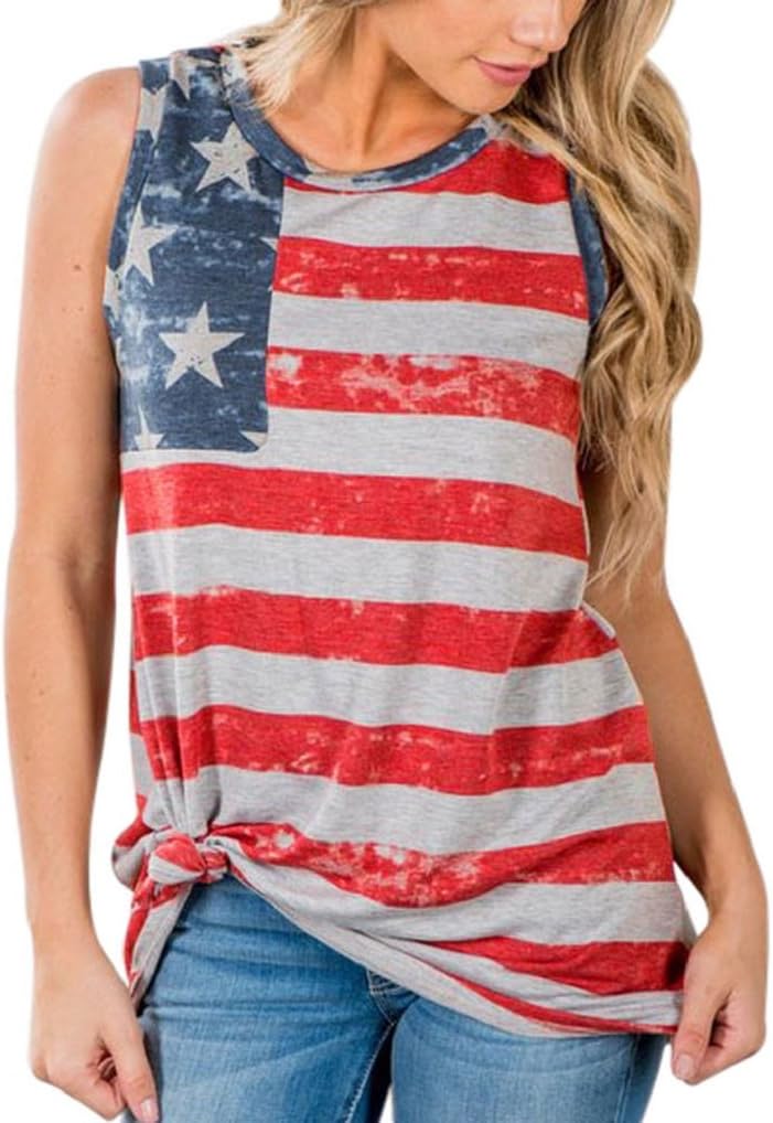 Women Tank Tops Ladies Summer Casual Stripe American Flag Print Sleeveless Vest Blouse T-Shirt